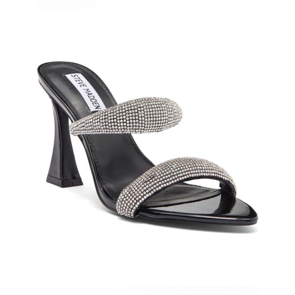 Revolve Steve Madden Metallic Harperr Black Crystal Embellished Heeled Sandals - Picture 1 of 13